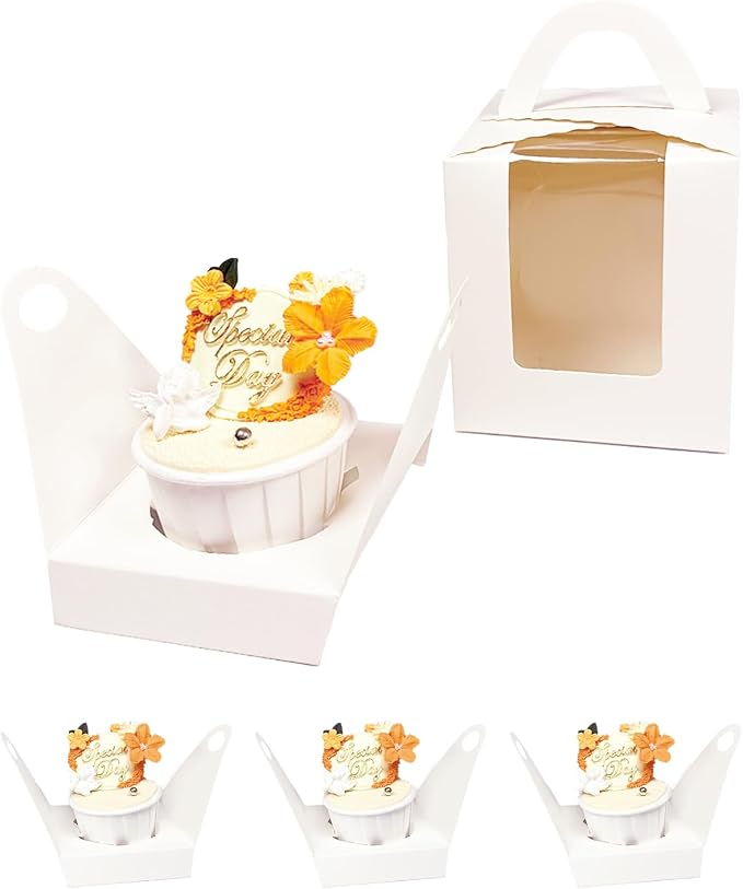 Bakepacker Auto-pop up Individual Cupcake Boxes with Window 200 Count White 3.6"X3.6"X4.3", for Cake, Treat Cookie Dessert, Pastry, Birthday Party, Weddings