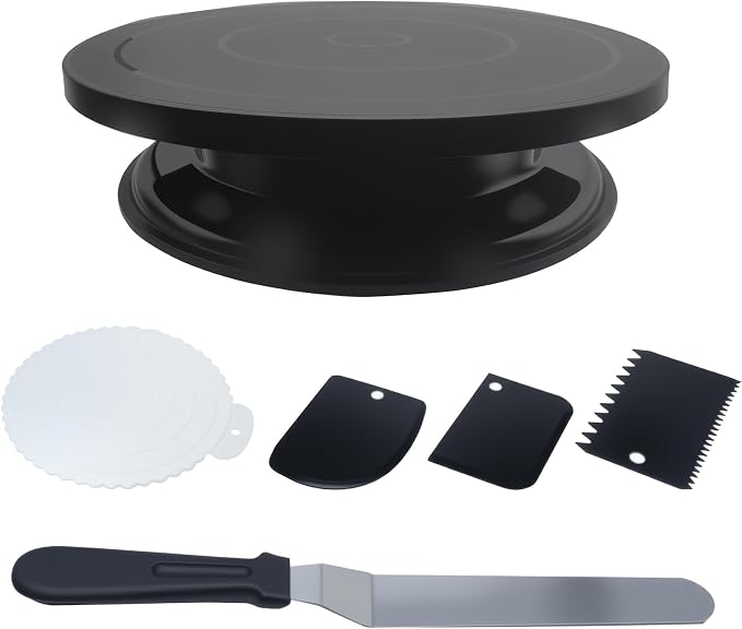 1 Set Cake Decorating Turntable Kit Cake Turntable with 1Frosting Angled Spatula 3 Icing Smoother Scrapers 1Cake Pad (Black)