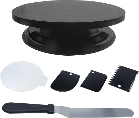 1 Set Cake Decorating Turntable Kit Cake Turntable with 1Frosting Angled Spatula 3 Icing Smoother Scrapers 1Cake Pad (Black)