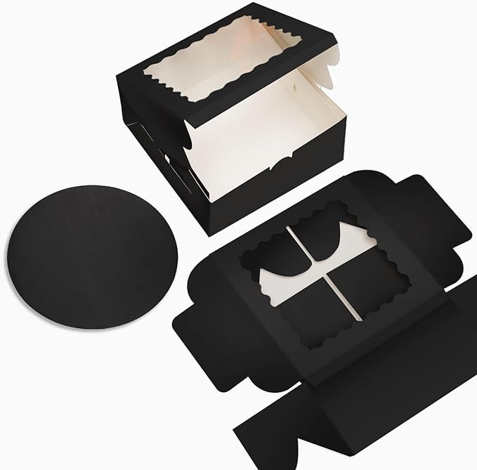 Bakepacker 36pcs 10x10x5 Inches Black Cake Boxes with Window 18-Packs, 10 Inch Bakery Boxes (18 Cake Boxes +18 Cake Boards Included)