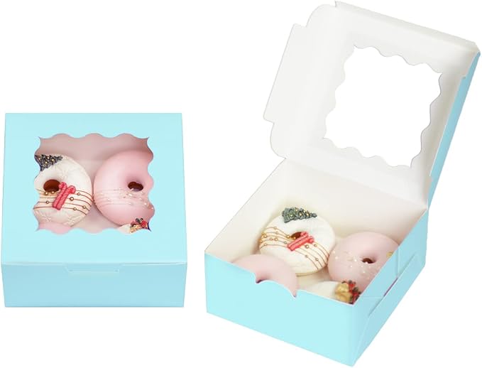 Bakepacker 60pcs Light Blue Cookie Boxes 6x6x3 inches Easy Assemble Macaroon Pastry Boxes Bakery Boxes with Window for Bakery