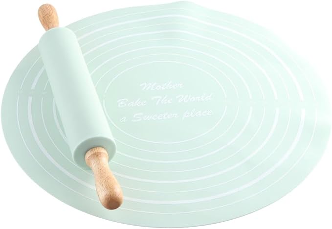 Rolling Pin Dough Mat Set,2 Pcs/Set Wood Rolling Pin Silicone Pastry Mat,Non-Stick Dough Mat With Scale Househeld Bakeware Baking Tool Kits