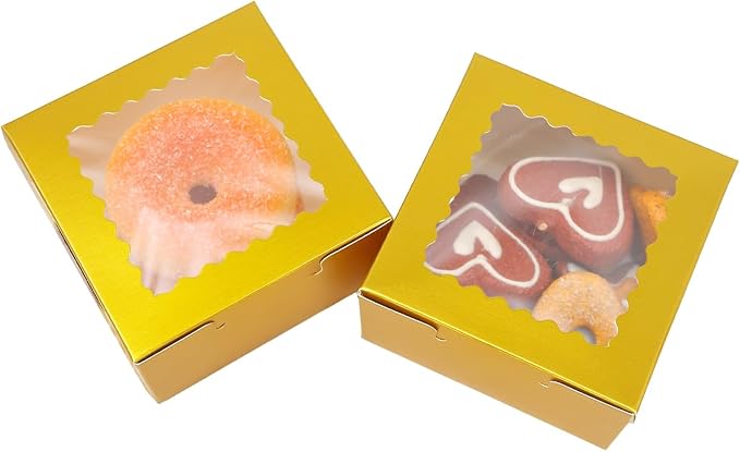 Bakepacker 60pcs Gold Bakery Boxes with Window 4x4x2.5 inches Thick & Sturdy Macaroon Pastry & Cookie Boxes