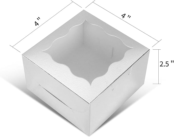KPOSIYA 60 Pcs Silver Bakery Boxes with Window Individual Cupcake Boxes 4x4x2.5 Inches Cookie Boxes Kraft Paper Silver Gift Box for Pastries, Cookies, Pie, Donuts, Macaroon