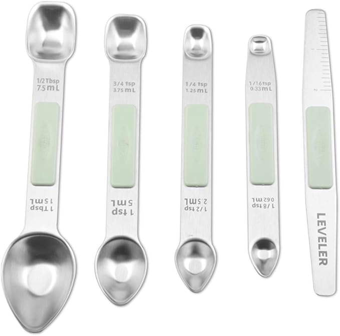 Stainless Steel Magnetic Measuring Spoons Set, Heavy Duty Metal Kitchen Gadgets for Baking & Cooking, Fits in Most Kitchen Spice Jars, Set of 4 with Leveler (Mint green)