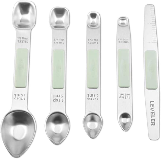 Stainless Steel Magnetic Measuring Spoons Set, Heavy Duty Metal Kitchen Gadgets for Baking & Cooking, Fits in Most Kitchen Spice Jars, Set of 4 with Leveler (Mint green)
