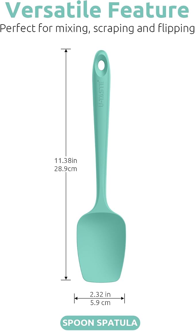 U-Taste Silicone Spoon Spatula Set: 480ºF Heat Resistant Food Grade Flexible Rubber Spoonula, Nonstick Cooking Mixing Scooping Kitchen Baking Scraper Utensils Set of 3 for Pan, Pot, Bowl (Aqua Sky)