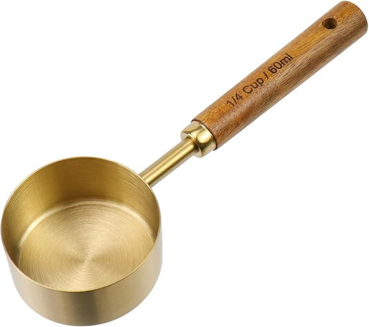 1/4 Cup Measuring Cup with Wooden Handle, 60ml Stainless Steel Measuring Scoop 1/4 Cup Measuring Cups for Baking Cooking Wet and Dry Ingredients (60ml)