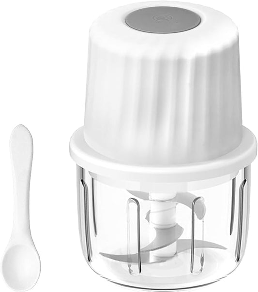 Mini Electric Garlic Chopper 300ML GLASS Food Processor Cordless | Type-C Rechargeable Mincer for Vegetables Puree, Stainless Steel Blades, BPA Free, with Scraper Splash Guard Charging Cord