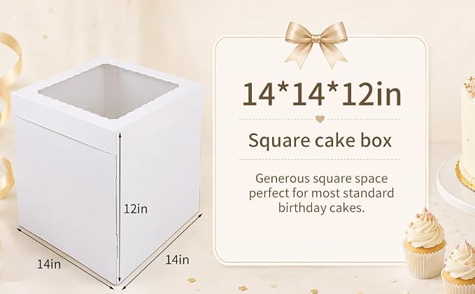 14x14x12 Inch White Corrugated Cake Boxes for 10-12 Inch Large Tiered Cakes | corrugated cake containers support for transit protection; 14x14 extra wide base fits oversized 10-12in tiered cakes