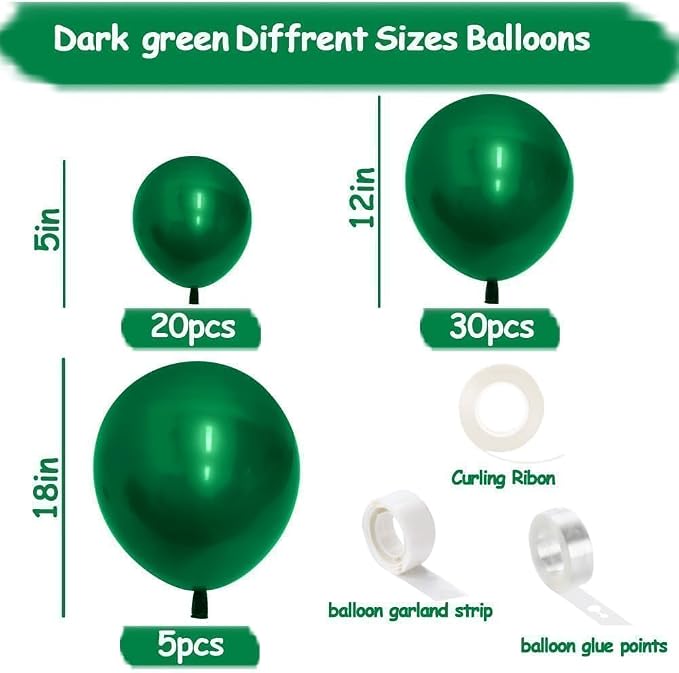 Dark Green Balloons Double Stuffed Emerald Forest Green Balloon Arch Different Sizes 18/12/5in Metallic Balloons for Jungle Birthday Baby Shower Graduation Day Decorations