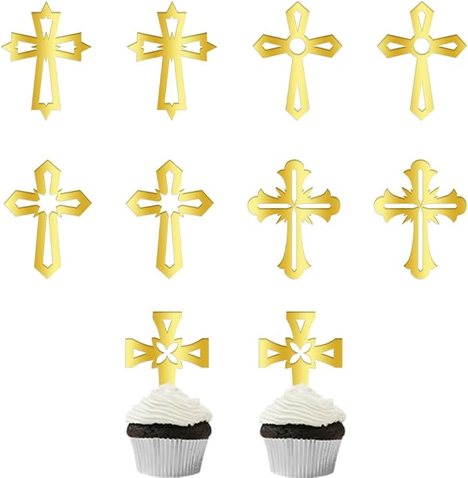 10 Pieces Gold glitter Acrylic Cross Cake Topper,Baptism,First Communion,Baby shower cake topper,Religious cake decorations