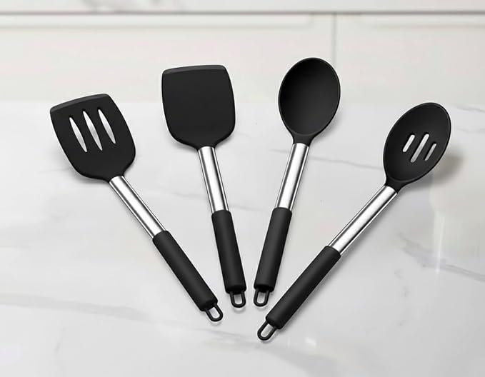 Premium Silicone Kitchen Utensil Set, 4-Piece Cooking Tools with Stainless Steel Handles, Black Non-Stick Spatula and Spoon Collection