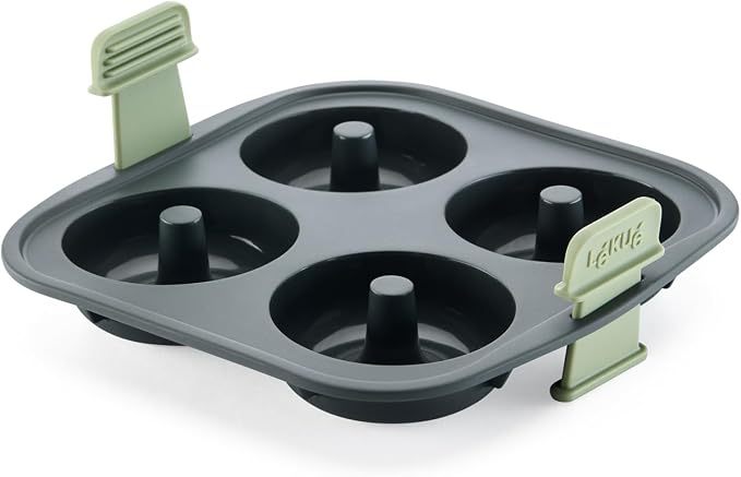 Lékué Air Fryer Donut Mold - Make 4 Donuts in under 30 mins - 100% Platinum Silicone Baking Pan for Air Frying, Fits in Draw Tray, Pull-up Handles for Easy Removal, Non-Stick, Easy De-Molding