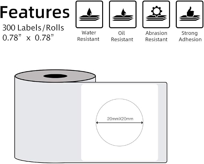 Phomemo Multi-Purpose Self-Adhesive Round Circle Label for Phomemo M110/M110S/M120/M200/M220 Label Maker, 0.78" x 0.78" (20x20 mm) Thermal Labels for Barcode, DIY Logo Design, Black on White