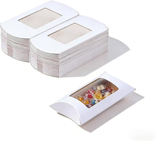 ZAJINJABD 100 Pcs Kraft Pillow Gift Boxes with Clear Windows, Sturdy Mini Folding Treat Boxes for Candy, Bakery, Chocolate, Jewelry, Wedding Party Favors