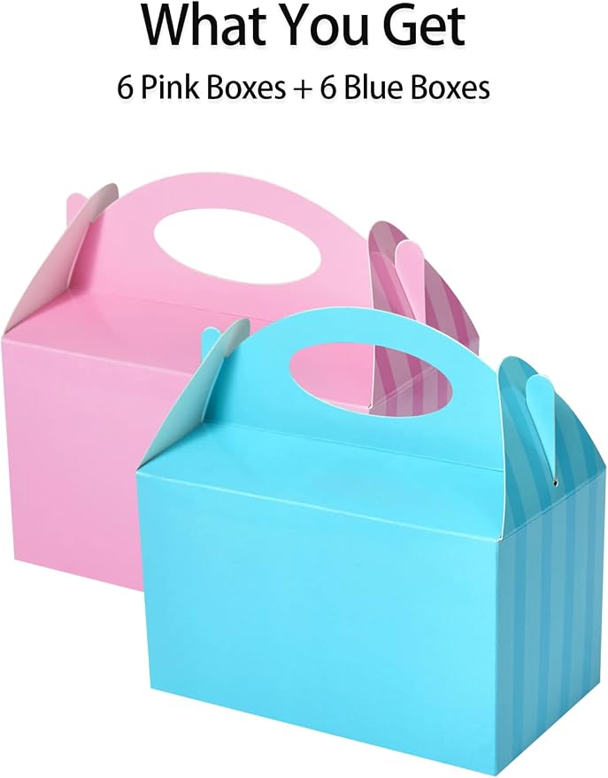 Pink and Blue Happyhiram Party Favor Boxes 12 Pcs for Gender Reveal Party Decoration, Handle Treat Boxes Gable Boxes 6" Tall for Centerpieces at Baby showers Kids Birthday Mini Gift Boxes for Boys and Girls