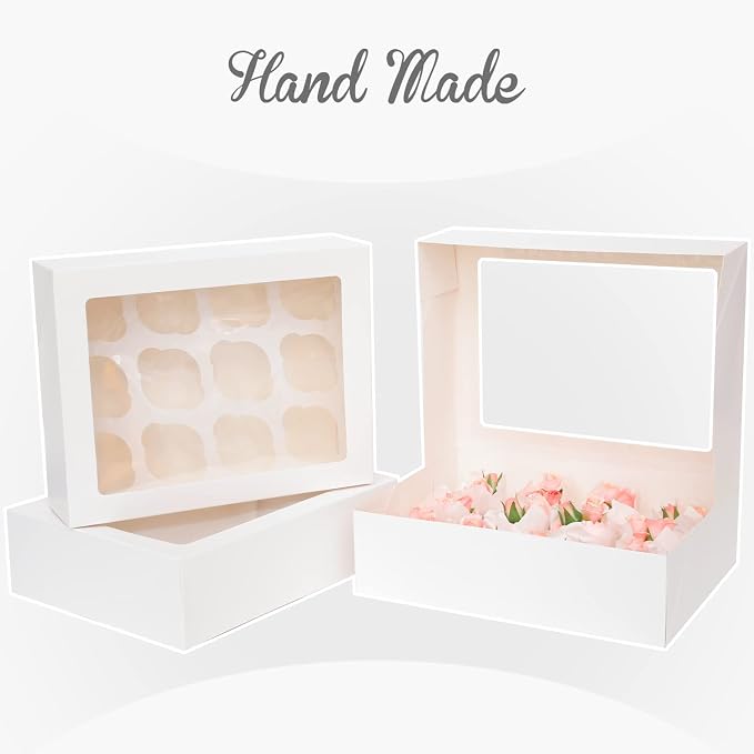 Bakepacker Auto-pop Up Cupcake Boxes with Window White 12PCS 12 Count Cupcake Box 13"x10"x3.5" Cupcakes Carrier, 12 Cupcake Containers with rolls of pink ribbons