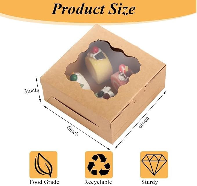 YAYODS 100 Pack Cookie Boxes 6x6x3 Bakery Boxes with Window, Small Kraft Treat Box with Stickers for Desserts, Pastry, Small Donut, Individual Cupcakes, Baked Goods