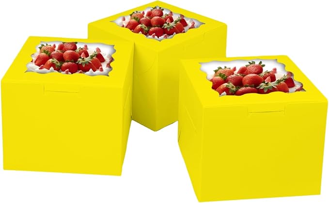 Bakepacker 36pcs 6x6x5 Inches Cake Boxes with Window 18-Packs Yellow 6 Inch Bakery Boxes (18 Cake Boxes +18 Cake Boards Included)