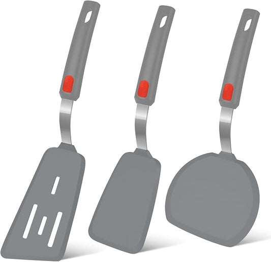 Silicone Spatula Turner Set of 3, Beijiyi 600°F Heat Resistant Cooking Spatulas for Nonstick Cookware, Large Flexible Kitchen Utensils BPA Free Rubber Spatula Set for Egg, Pancake, Fish (Gray)
