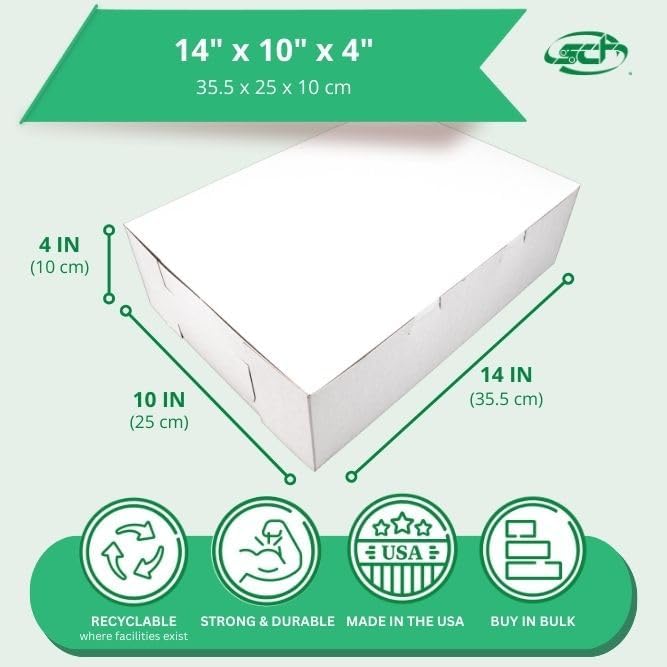 Southern Champion Tray 1025 Premium Clay Coated Kraft Paperboard White Non-Window Sheet Cake and Utility Box, 14" Length x 10" Width x 4" Height, 1/4 Sheet (Case of 100)
