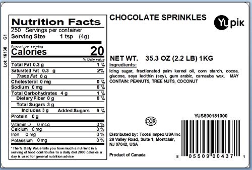 Yupik Oblong Chocolate Flavored Sprinkles, 2.2 lb (35.2 oz), Low Sugar, Cholesterol-Free, Sodium-Free, Kosher, Perfect for Baking and Decorating Ice Cream, Cakes, Cookies, Cupcakes, and Donuts