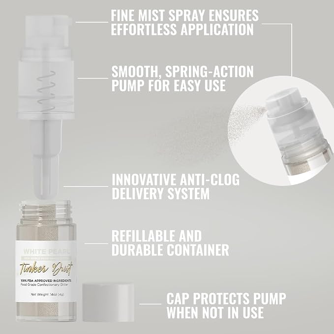 Bakell - White Tinker Dust (4g, 1x Mini Spray Pump) Edible Glitter for Food, Desserts, and Baked goods!