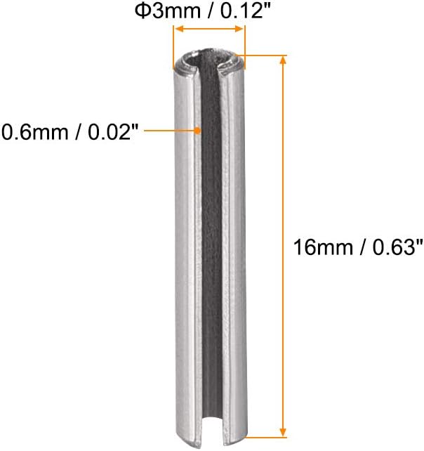 uxcell Slotted Spring Pin - M3 x 16mm 304 Stainless Steel Split Spring Roll Dowel Pins Plain Finish 20Pcs
