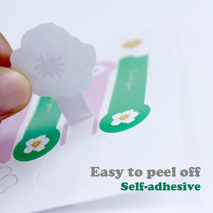 Cute Flower Shaped Thank You Stickers 300 Pcs Long Pink and Green Sealing Stickers Handmade Food Bakery Sticker Tamper-Proof Self-Adhesive Baking Labels