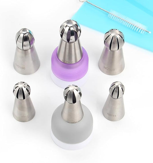 10 Pieces Stainless Steel Russian Twist Flower Icing Tips Set, 3 Big Ball Piping Tips,3 Small Ball Piping Tips,1 Pastry Bags,1 Cleaning Brush,2 Plastic Couplers,Cake Decorating Piping Tips Set