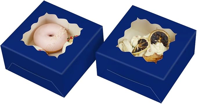 Bakepacker 60pcs Navy Blue Cookie Boxes 6x6x3 inches Easy Assemble Macaroon Pastry Boxes Bakery Boxes with Window for Bakery