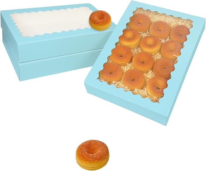 qiqee Auto-pop Up Light Blue Cookie Box with Window 16x10.5x2.5 Inch 24Pcs Bakery Pastry Macaron Bakery Box for Packaging