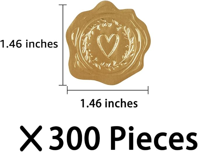 300 Pieces Embossed Gold Foil Stickers, Gold Heart-Love | For Envelopes, Wedding Invitations, Christmas Greeting Cards