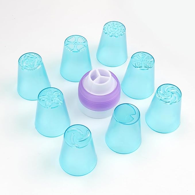 10 Pieces Plastic Cake Decorating Russian Icing Tips Set, 8 Russian Flower Piping Tips,1 Coupler,1 Plastic Piping Bag for Cake Decoration, Icing Floral Piping Nozzles,Pastry Baking Tools