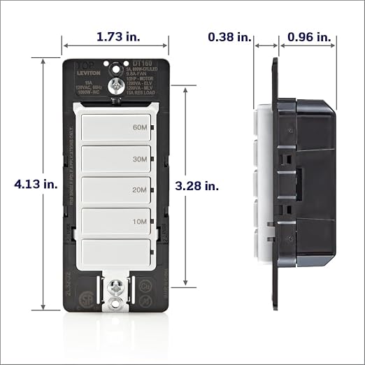 Leviton Countdown Timer Switch for Bathroom Fan and Household Lights,10-20-30-60 min,No Neutral Required,Single Pole,15A,1/2HP/9.8A Fan/Motor,DT160-1LW,White,(Pack of 10)