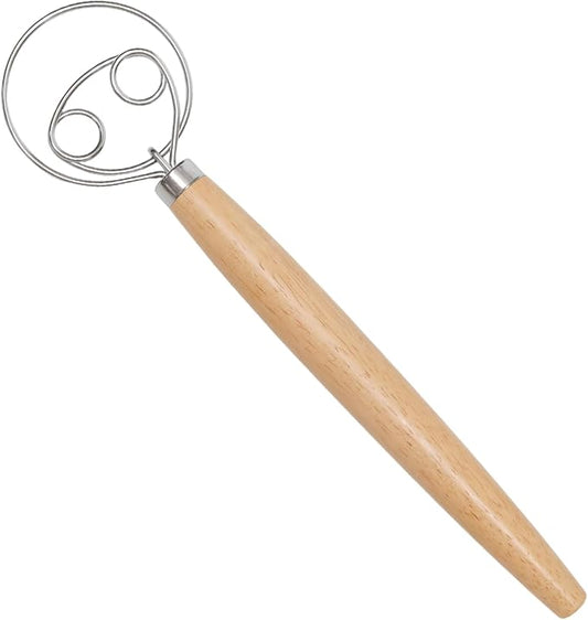 2 Pcs Danish Dough Whisk, Stainless Steel Hook Dutch Hand Whisk for Sourdough Bread Wooden Handle Dough Mixer, Baking Supplies for Cake Pizza Kitchen Tools(2 Holes)