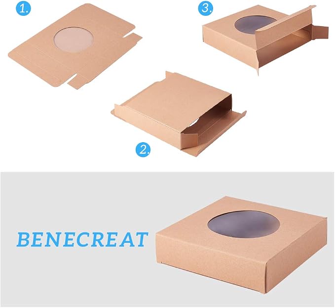 BENECREAT 24 Packs Brown Kraft Square Paper Boxes Gift Wrapping Box with Round Clear Window 4x4x0.9 for Party Favor Treats, Jewelry, Gift Packaging
