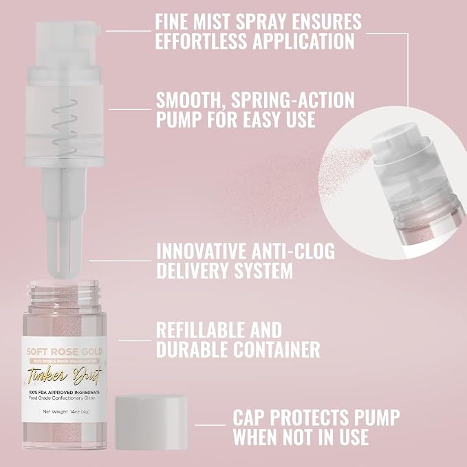 Bakell - Soft Rose Gold Tinker Dust (4g, 1x Mini Spray Pump) Edible Glitter for Food, Desserts, and Baked goods!