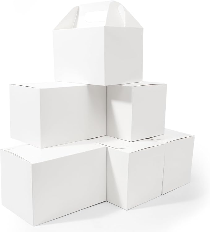 Happyhiram 10-Pack Large Gable Boxes White - 9x6x6 Inch Sturdy Cardboard Containers for Gifts, Box Lunches, Cookies, and Birthday Wedding, Welcome Boxes Easy to Assemble with Handles