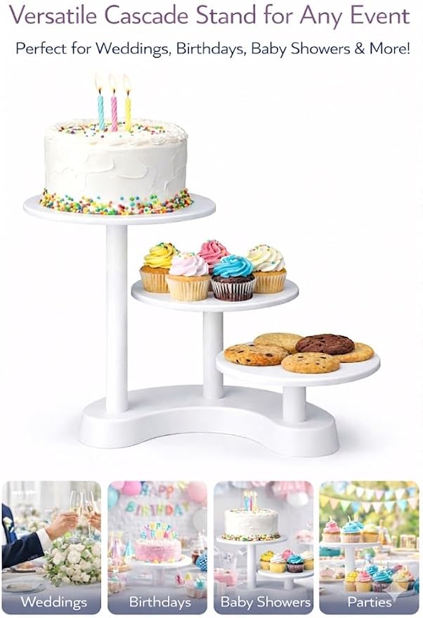 Oasis Supply 3-Tier Cascade Cake Stand – White Plastic Dessert Display Stand, Tiered Cupcake Stand for Cakes, Cupcakes, Weddings, Birthdays & Party Decorations