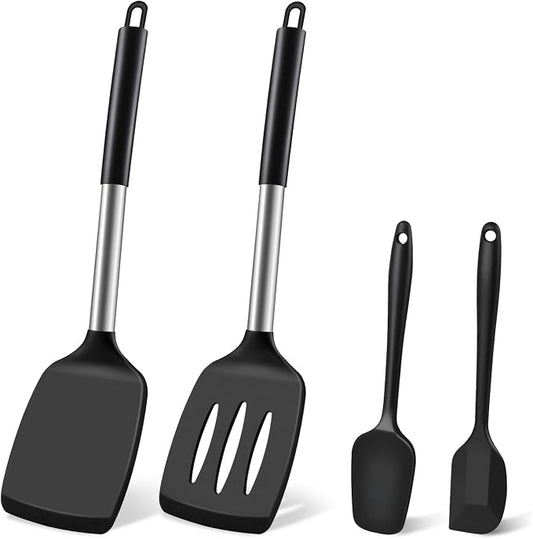 Silicone Spatula Set, Heat Resistant Solid & Slotted Turner for Non-Stick Pans, BPA-Free Silicone Cooking Utensils, Flexible Spatula for Flipping Eggs, Burgers, Pancakes, Fish, Black, 4 PCS-A