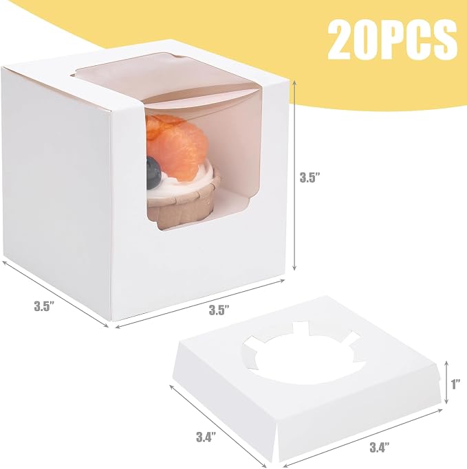 VGOODALL 20PCS White Cupcake Boxes, 3.5"x3.5"x3.5" Individual Cupcake Containers Pre-Assembled Containers with Window and Inserts for Wedding Baby Shower Birthday