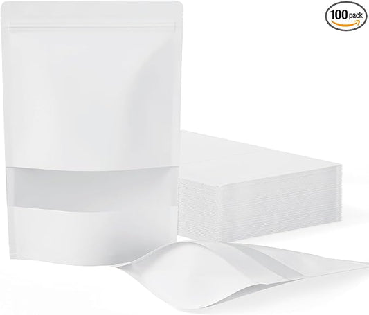 FireKylin 100 Pcs Resealable Bags, Paper Stand Up Pouches Bags with Matte Window for Small Businness, Zipper & Heat Sealable Treat Bags for Packaging (Inner Size 6.4" x 7.3"; Outer Size 7.1" x 10.2")