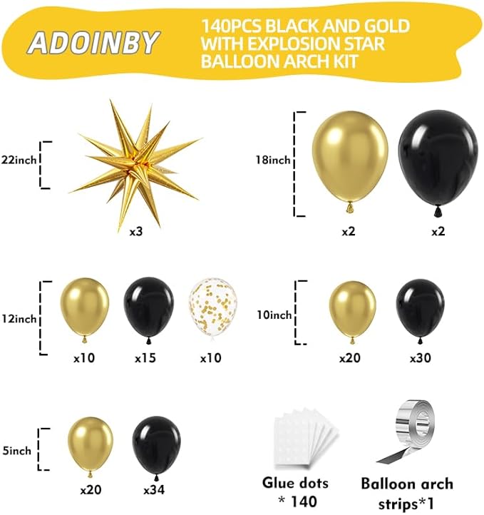 Black and Gold Balloon Arch Kit, 140Pcs Explosion Star Black and Metallic Gold Balloons 22 18 12 10 5 Inch Different Size Balloons for Birthday Anniversary Graduation New Year Decorations