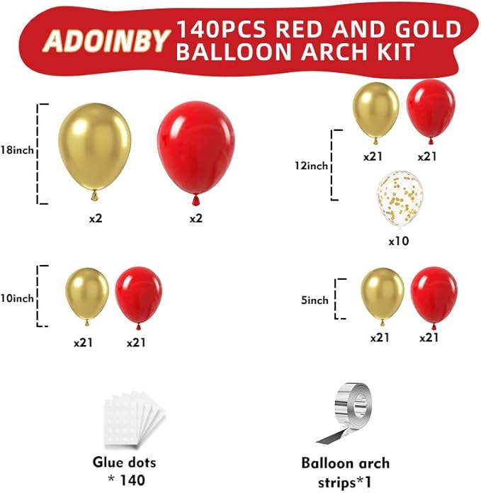Red and Gold Balloon Arch Kit, ADOINBY 140Pcs Gold Balloon Red Balloon Confetti Balloon 18 12 10 5 Inch Different Size Balloons for Valentine's Day Wedding Birthday Engagements Anniversary Decoration