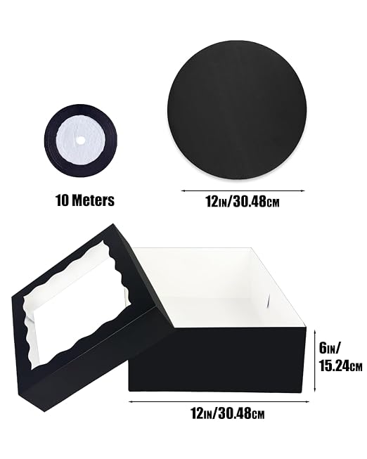 qiqee 12x12x6 Cake Box, 18 Sets Black Cake Box with Window ＆ 18 Sets 12" Cake Round Boards, 12inch Cake Containers, 10 Meters Silk Ribbon
