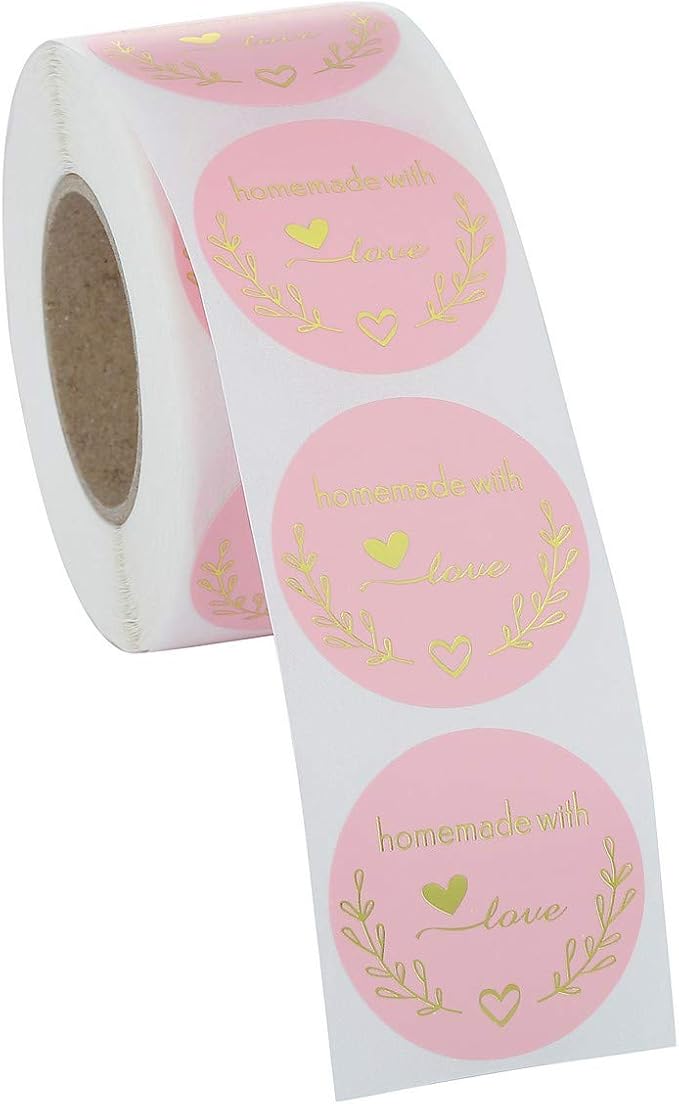 Yoption 1.5 Inch Round Homemade with Love Stickers Pink for Packaging, Cookie Bags, Small Shop Local Handmade, 500 Labels per Roll