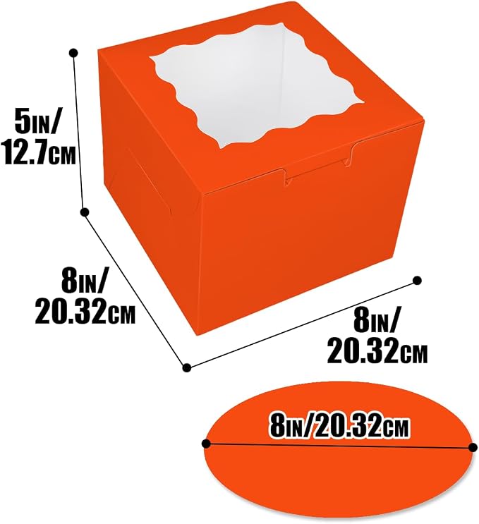 Bakepacker 36pcs 8x8x5 Inches Cake Boxes with Window 18-Packs Orange 8 Inch Bakery Boxes (18 Cake Boxes +18 Cake Boards Included)