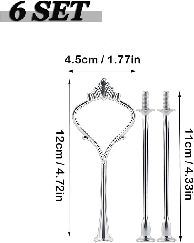 BetterJonny 6 Sets 3 Tier Cake Plate Stand Handle, Cake Stand Hardware Handle Fittings Holder for Wedding and Party Making Dessert Platter Stand (Silver)